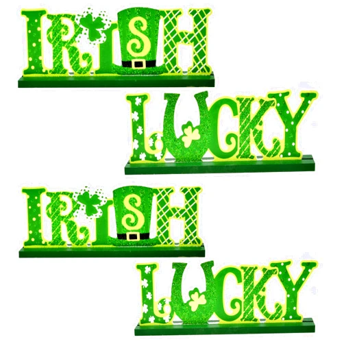 Gift Boutique 4 St Patrick's Day Wooden Decorations for Table Topper Decor Glitter Shamrock Lucky and Irish Wood Home Figurines Saint Patrick Centerpiece for Office Desk Shelf Mantle Party Tabletop