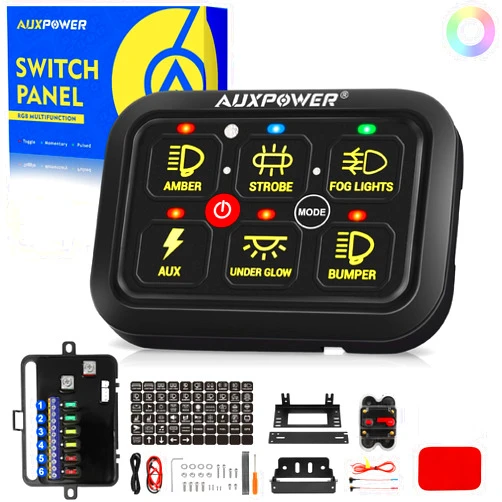 Auxpower 6 Gang Switch Panel with 3 Modes Toggle Momentary Pulsed Led Switch Panel RGB Dimmable Switch Panel Auxiliary Circuit Control Relay System Automotive Switch Panel for Truck Boat Car