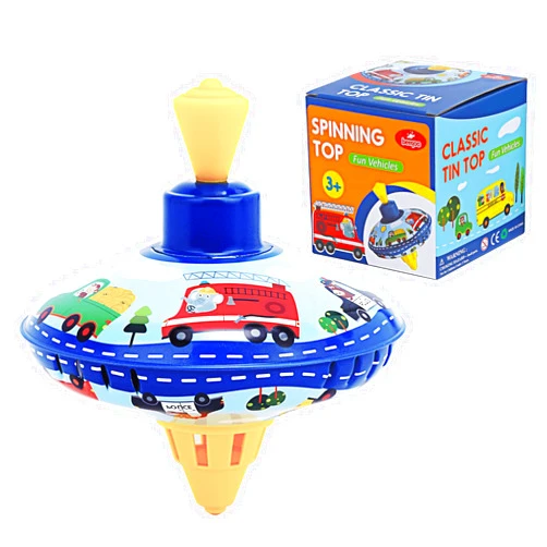 Beeqoo Retro Spinning Top Tin Toy for Kids – Fun Vehicle Classic Toys - Toddler Traditional Spin Tops - Metal Fidget Spinner for Kindergarten – Sensory Gyroscope - Novelty Gifts Party Favors