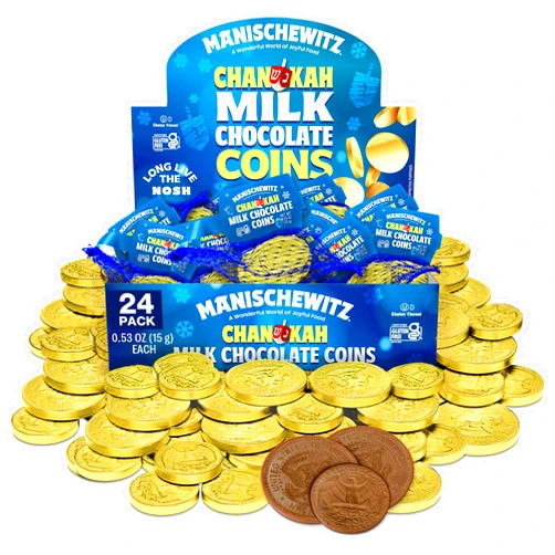 Manischewitz Milk Chocolate Gold Coins, Hanukkah Gelt (24 Mesh Bags) Individually Wrapped Chanukah Coins | Gluten Free | Kosher (Cholov Yisroel) | Holiday Coins | Assorted Sizes