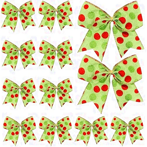 Generic 12 Pieces Christmas Bows 6.3 inch Large Christmas Wreath Bows Red Green Christmas Tree Bows Christmas Glitter Polka dot Bows Ribbon Garlands Wedding Family Holiday Party (Green)