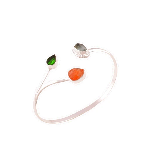 MANILATA Natural Raw Sunstone, Chrome Diopside and Aquamarine Cuff Bracelet, Healing Crystal Cuff Bracelet, Bangle Bracelet, Rough Gemstone Bracelet, Birthstone Jewelry, Jewelry For Woman