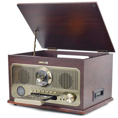 Lonplare All in One Vintage 3 Speed Vinyl Record Player with Built-in Speakers,Bluetooth Turntable,CD Player/Cassette/USB/TF Card,AUX in,FM/AM Radio,RCA Out,Recording