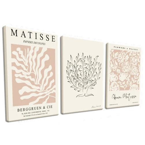 AKWISH Matisse Aesthetic Canvas Wall Art Set of 3, Abstract Henri Matisse Beige Neutral Wall Home Decor Boho Flower Abstract Poster Prints, for Living Room Bedroom, 12x16 Framed