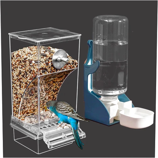 Chuyouan No Mess Bird Feeder Water Dispenser Set, Automatic Parrot Feeder for Cage Transparent Acrylic Food Container Drinker Cage Accessories Parakeet Cockatiel Lovebird Finch