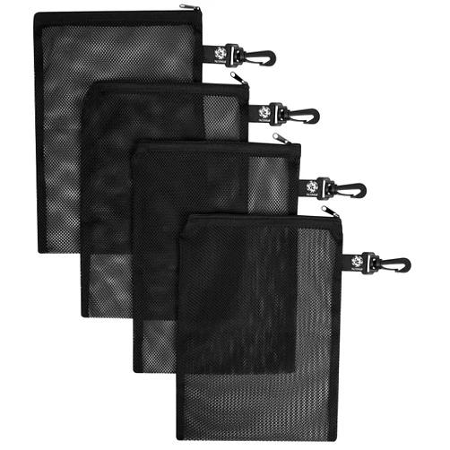 PALTERWEAR Mesh Zipper Bag with Clip - For Sports Scuba Hiking - Set of 4 (Black, 8 x 11 inch)