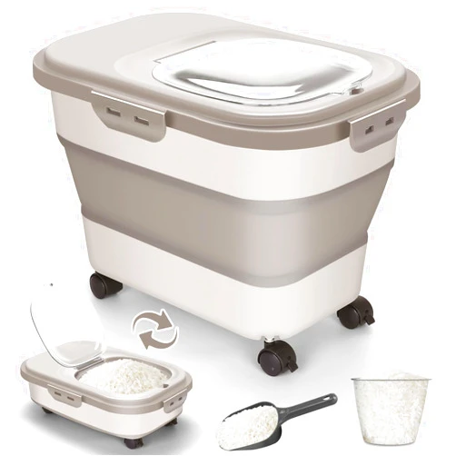 SSAWcasa Rice Storage Container, 20-30Lbs Airtight Large Food Storage Containers with Wheels, Scoop & Measuring Cup, Collapsible Kitchen Flour Bin, Dry Food Storage Holder for Rice Pet Food