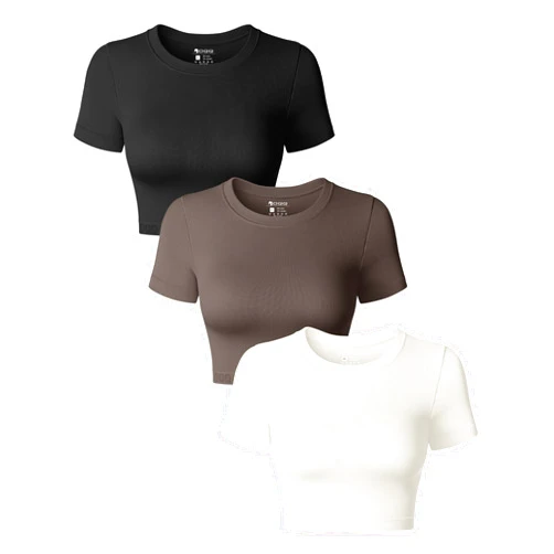 OQQ Women's 3 Piece Crop Tops Crew Neck Shorts Sleeve Stretch Fitted Shirts Crop Tops