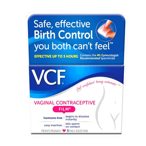 VCF Vaginal Contraceptive Film with Spermicide, 1 Box of 9 Prevents Pregnancy, Nonoxyl-9 Kills Sperm on Contact, Hormone-Free, Easy to Use, Unnoticeable, 9 Total