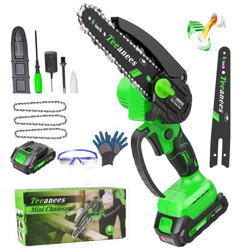 TEEANEES Mini Chainsaw Cordless, 6-Inch Small Electric Chainsaw with 21V Battery & 3 Chains, Portable Handheld Power Chain Saw for Wood Cutting & Tree Trimming, Ideal Gardening Gift for Men Dad