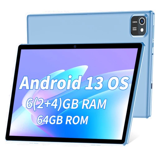 WXUNJA Android 13 Tablet, 6GB (2+4) RAM 64GB ROM, Quad-Core Processor, Dual Camera, WiFi, Bluetooth, 1TB Expand, GMS Certified Tablet - Blue