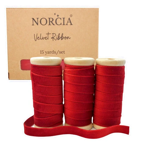 NORCIA Velvet Ribbon 3/8 inches 15Yd with Wooden Spool 3 Rollsx5Yd Eco-Friendly Christmas Ribbon for Gift Wrapping, Handmade Craft Ornaments Bow Making, Christmas Decoration (Burgundy)