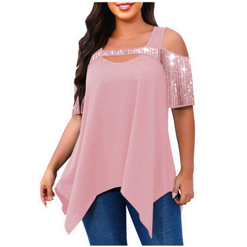WCMZJ Cold Shoulder Short Sleeve Plus Size Tops,Womens Sparkly Sequin Splicing Trendy Tshirt Flowy Handkerchief Hem Swing Blouse