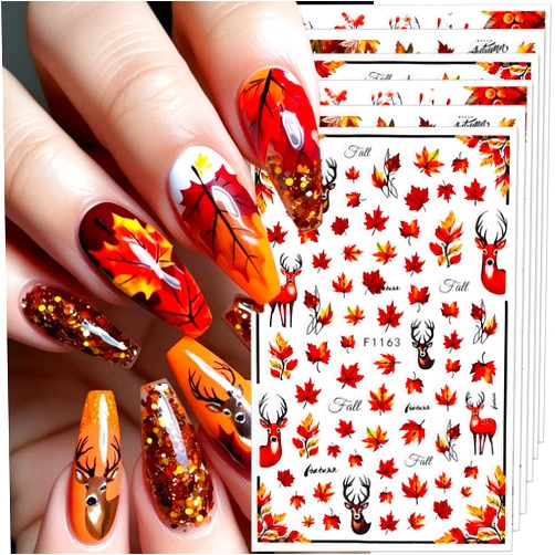FBABFBUO Fall Nail Art Stickers Autumn Maple Leaf Nail Decals 6PCS Autumn Leaves Deer Design 3D Self-Adhesive Nail Art Decorations Supplies Fall Stickers for Nails Women Thanksgiving Day DIY Manicure Decor