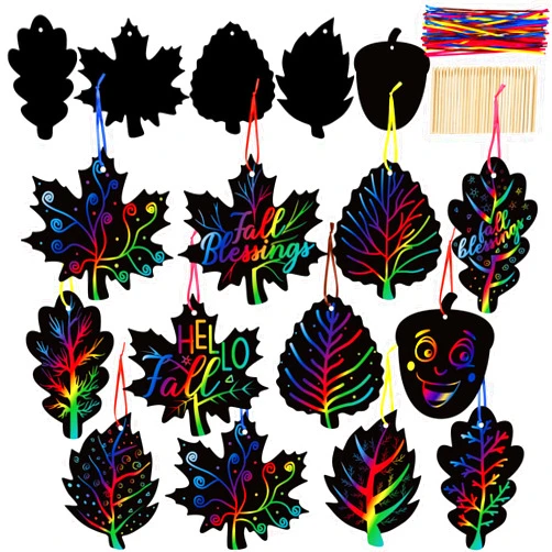 90shine 60 Sets Fall Crafts for Kids Black Scratch Autumn Leaves Magic Craft Art Kit Classroom Preschool Activities Party Favors
