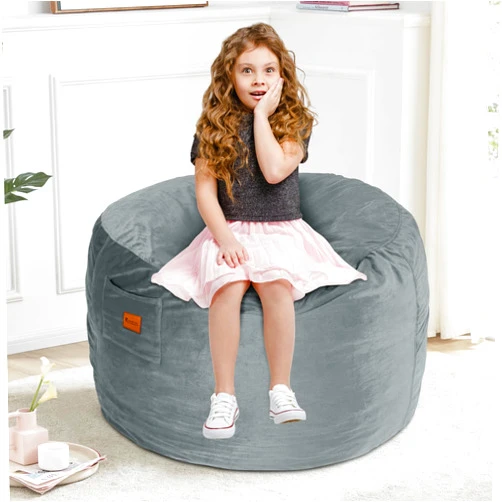 RAINBEAN Bean Bag Chair Cover,(No Filler) Deluxe Velvet Super Soft Lazy Sofa Cover, Plush Toy Organizer,Comfortable Adult Bean Bag Chair Cover with Pocket and Zipper for Bedroom(Grey)
