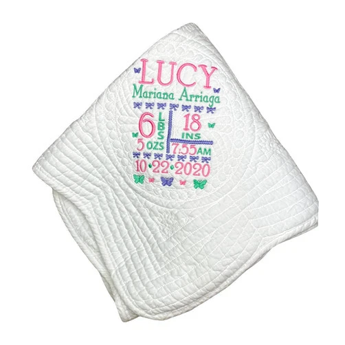 Little Lulus Gifts Baby Quilt for Girls Baby Gift for Newborn Personalized Baby Stats Gift Embroidered Baby Blanket Heirloom Baby Quilt Keepsake Baby Gift Custom Baby Blanket New Baby Girl Gifts Monogrammed Baby Gift