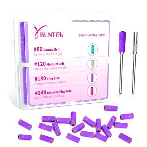 YBLNTEK Sanding Bands for Nail Drill, 80 Pcs Small Sanding Bands with 3.1mm Mandrel Bit, 180 Fine Grit Nail File for Acrylic Nails Gel Removing Shaping, Manicure Nail Salon Use, Purple