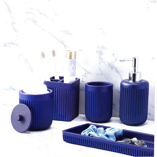 XLHOMO Resin Navy Blue Bathroom Accessories Set 5 Pcs, Lotion Soap Dispenser, Toothbrush Holder, Bathroom Tumbler, Qtip Holder and Vanity Tray, Bathroom Countertop Organizer Set for Modern Apartment