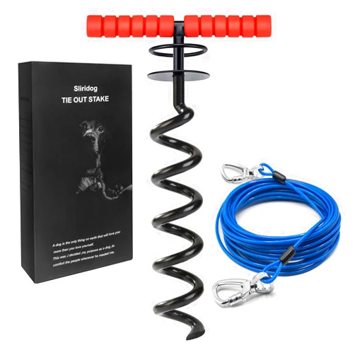 Sliridog 20FT Dog Tie Out Cable and Stake,Heavy Duty Dog Stake for Large Dogs,Strongest Dog Anchor Holds 2 Large Dogs Up to 200 lbs,Safe On Yard,Beach,Camping,Outdoor (Black)