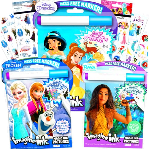 Disney Classic Princess Magic Ink Coloring Super Set - 3 Books Featuring Disney Princesses, Frozen, and Raya The Last Dragon with Invisible Pens, Stickers