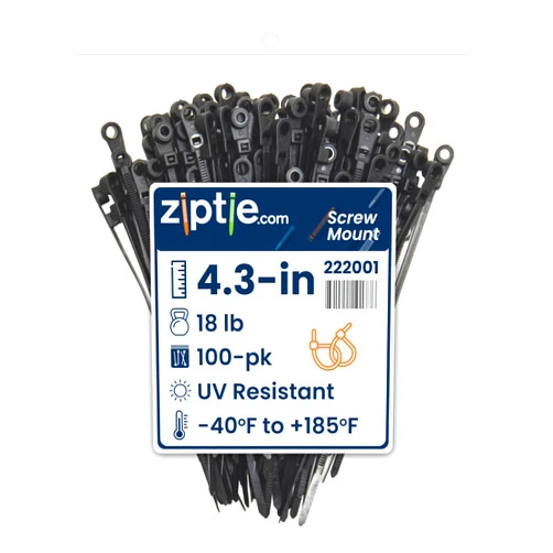 ZipTie.com 4.3-Inch Black Zip Ties With Screw Hole - 18-lb Tensile Strength Cord Management & Secure Mounting - Indoor & Outdoor Multi-Purpose Tie Wraps (100-Pack)