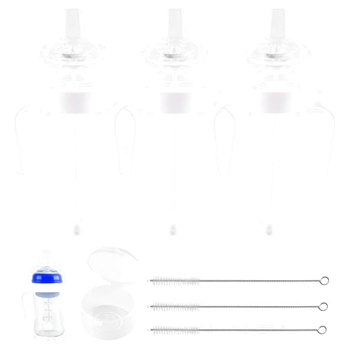 XUNICUTE Sippy Cup Soft Spout Conversion Kit for Lansinoh Baby Bottle, Toddler Transition Kit with Silicone Sippy Spout Nipple, Weighted Straw, Bottle Handle, Cleaning Brush, 3 Pack