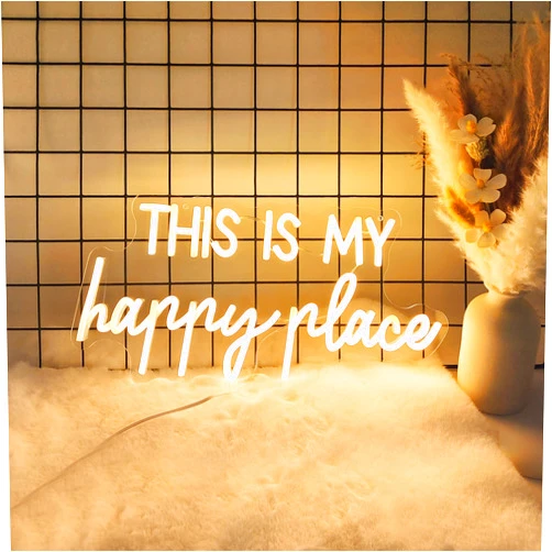 Adnkwolivt Neon Lights for Wall Decor - This Is My Happy Place Neon Signs for Teen Girls Bedroom Decor, Led Sign for Wall Decor, Nightstand Light, Dimmable Switch USB Power, Adhesive Hook Included