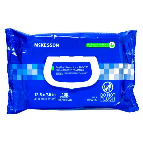 McKesson StayDry Disposable Wipe - Large Adult Body and Incontinence Washcloths with Aloe and Vitamin E, Alcohol-Free, 100 Wipes Per Pack