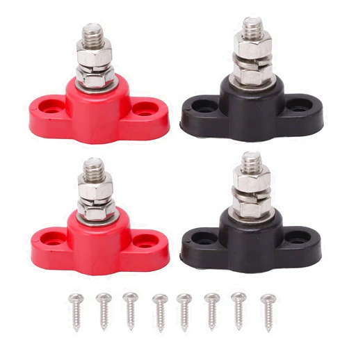 Walfront 4 Pcs Battery Power Distribution Terminal Blocks Red Black Single Stud Ground Insulated Junction Post 12V 24V for Car