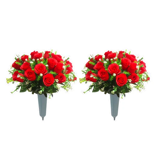 Gritech Silk Flowers Cemetery Flowers Roses Artificial Flowers for Graves and Memorials Arrangements for Headstones Lifelike, FloristArranged Bouquet Red, 2