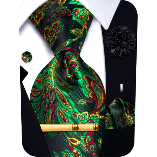 YourTies Silk Paisley Floral Tie and Pocket Square Cufflinks with Lapel Pin Sets for Men 5PC Wedding Party