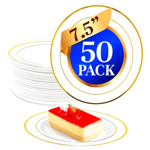 Reli. 50 Pcs Plastic Dessert Plates, Disposable (7.5 inch, White w/Gold Rim) | Plastic Plates for Party, Heavy Duty | Hard Plastic Small Dessert Plates for Wedding, Birthday, Salad/Appetizer (7.5