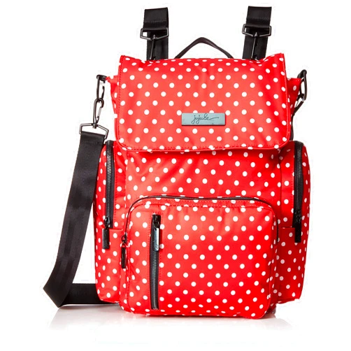 JuJuBe Be Sporty Backpack/Diaper Bag, Onyx Collection - Black Ruby - Red/White Polka Dots