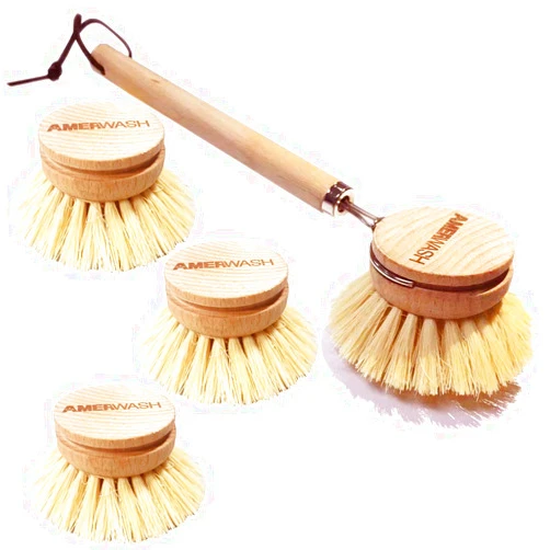 AMERWASH PLUS Dish Brush with Wooden Handle, Natural Kitchen Brush for Dishes Vegetable, Pots and Pans, Tampico Fiber Bristles Scrubber, Extra 3 Pack Replacement Head Included