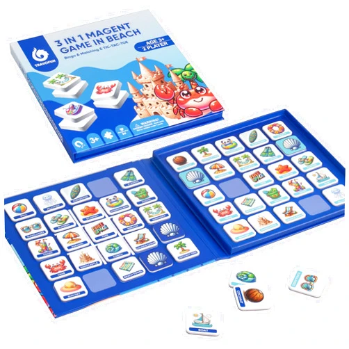 Travofun Magnetic 3 in 1 Bingo Games for Kids, Tic-Tac-Toe, Memory Games for Kids Ages 4-8, Perfect for Travel, Summer Camp Games for Toddler (Beach)