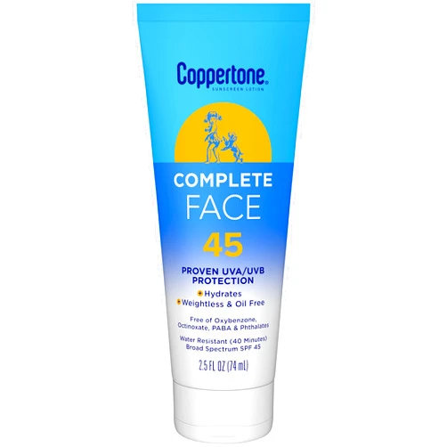 Coppertone Complete Face Sunscreen Lotion SPF 45, Weightless and Oil-Free, Water Resistant Sunscreen with Proven UVA/UVB Protection, 2.5 Fl Oz Tube