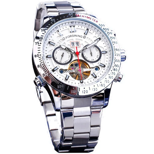 FORSINING Men Tourbillon Mechanical Self-Wind Watch, Day Date Month Full Calendar, Luminous Tachymeter Multifunctional Automatic Watches, Carved Big Dial Stainless Steel Band Wrist Watch