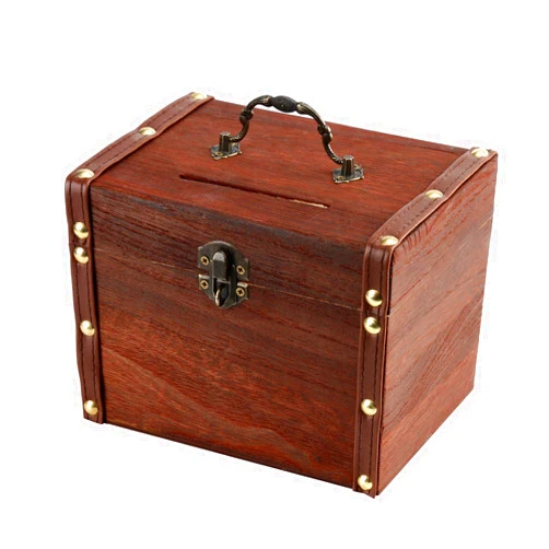 Flamedre Wooden Antique Piggy Bank Safe Money Box Savings with Lock Wood Carving Handmade Unique Gifts for Kids Boys Girls and Adults, Large Size, 6.7×4.7×5.1