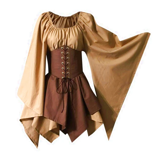 HFU Women's Renaissance Medieval Costume Flare Sleeve Corset Skirt Overskirt Irish Elven Archer Fancy Dress Over Gown
