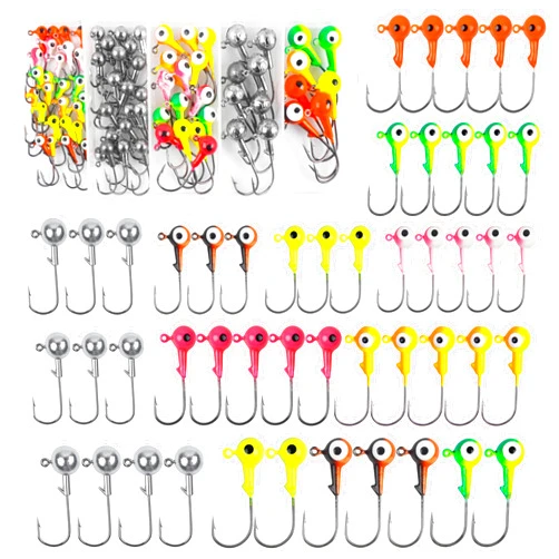JSHANMEI Fishing Jig Heads Hooks Set, 75pcs Assorted Round Jig Head Fishing Lures Crappie Jig Heads Hooks for Bass Trout Crappie Walleye Saltwater Freshwater Fishing Tackle