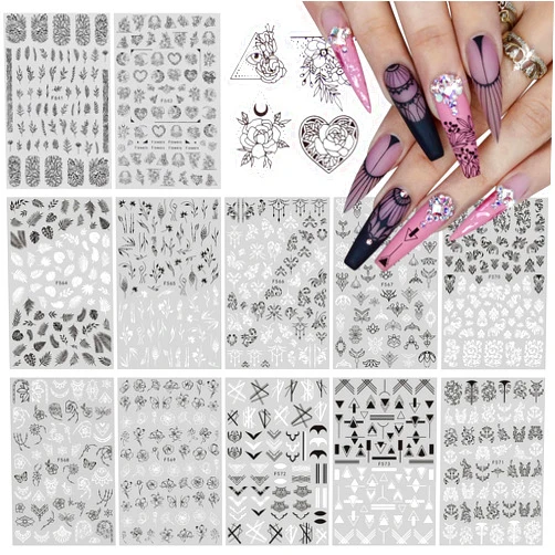 EBANKU 12 Sheets Black White Nail Art Sticker, Leaves Retro Flower Vine Pattern Decals French Classic Simple Self Adhesive Decals, for Girl Women Nails Art DIY Decoration