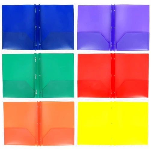 Generic Plastic Folder Set with Prongs 2 Pocket, 6 Folders, Assorted Colors