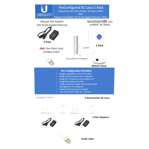 UBNT Networks NanoStation AC Loco Loco5AC-US 2 Pack Pre-Configured Loco5ac 5GHz 802.11ac airMAX Radio 450Mbps Wireless Bridge (2-Pack) with PoE POE-24-7W-G Included Ready to Install, White