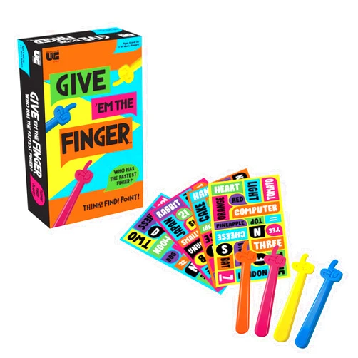 University Games, Give 'em The Finger Game, Action Trivia Game for Families, Think, Find, Point! Who will point The finger first? for 3-6 Players, ages 8+