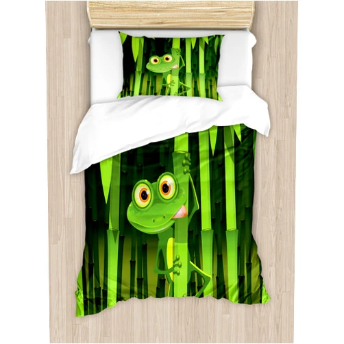 Ambesonne Animal Duvet Cover Set, Funny Illustration of a Friendly Fun Frog Character on Jungle Trees Nature Forest Cartoon, Decorative 3 Piece Bedding Set with 2 Pillow Shams, Twin Size, Green