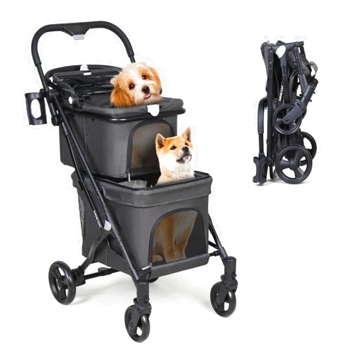 BEBEROAD PETS T1 Double Pet Stroller for 2 Small Dogs or Cats Lightweight Foldable Double Dog Stroller with Detachable Carrier for Travel Camping (Black)