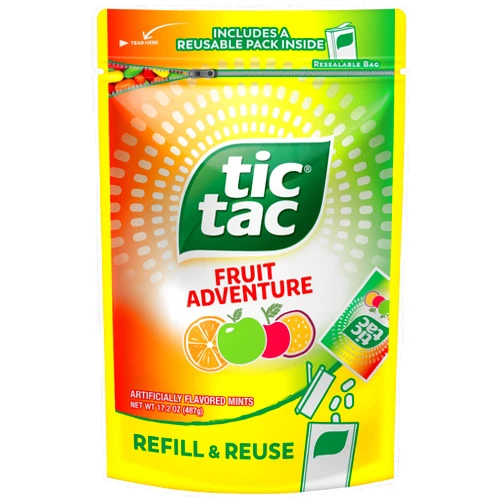 Tic Tac Resealable Refill Bag, Bulk 17.2 Oz, Fruit Adventure Mints, On-The-Go Refreshment, Includes Empty Refillable Pack
