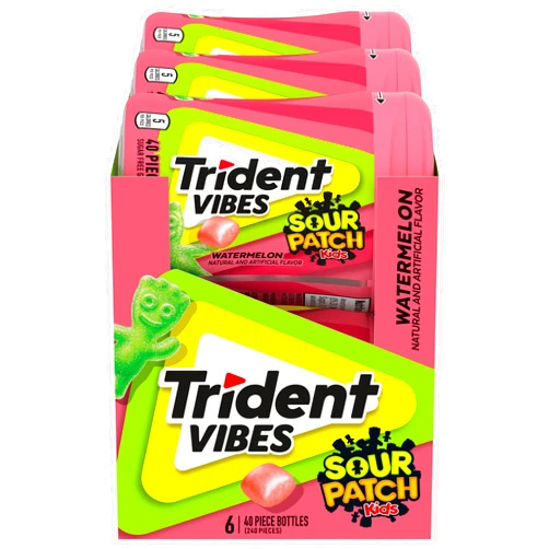 Trident Vibes SOUR PATCH KIDS Watermelon Sugar-Free Chewing Gum, 6 Bottles of 40 Pieces (240 Total Pieces)