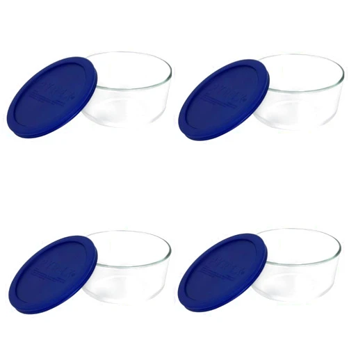 Pyrex Storage 4-Cup Round Dish with Dark Blue Plastic Cover, Clear (Case of 4 Containers)